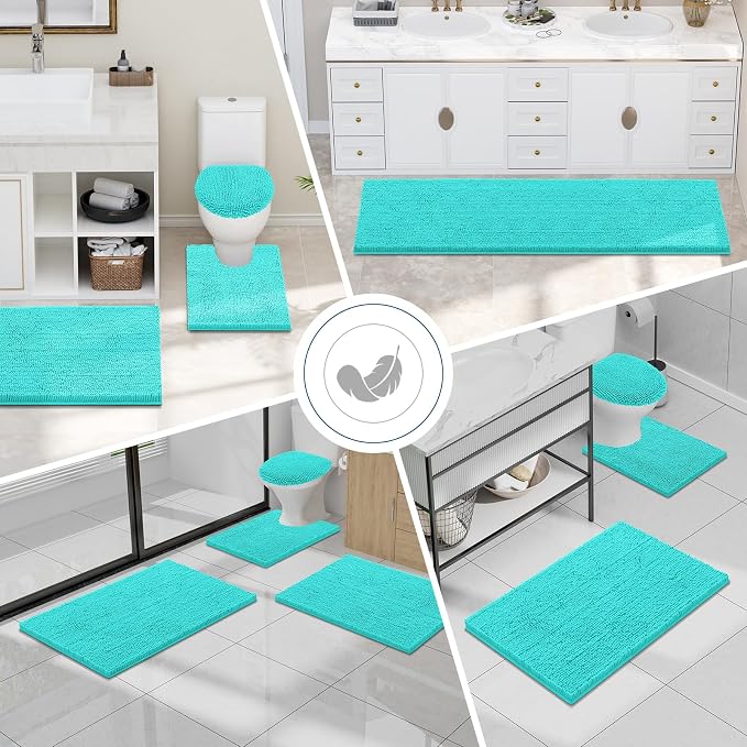Smiry Chenille Bathroom Rugs Sets 2 Piece (34x21+30x20, Turquoise) | Soft Absorbent Machine Washable Non Slip Shaggy Bath Rug Set for Tub, Shower, and Floor, Home Decor
