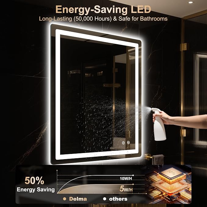Delma 36x30 LED Bathroom Vanity Mirror with Lights, Anti-Fog, Dimmable | Front & Backlit with 3 Color Modes and Memory, 5mm Shatterproof Glass, Plug-in or Hardwired, Horizontal or Vertical