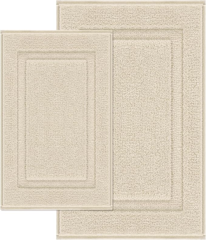 SHACOS Soft Microfiber Bathroom Rugs Set of 2 Pieces, Light Beige | 32x20 + 24x16, Absorbent Plush Bath Rugs, Non Slip Washable Shaggy Bath Mats, Fluffy Bathroom Runner Floor Mats Shower Rug