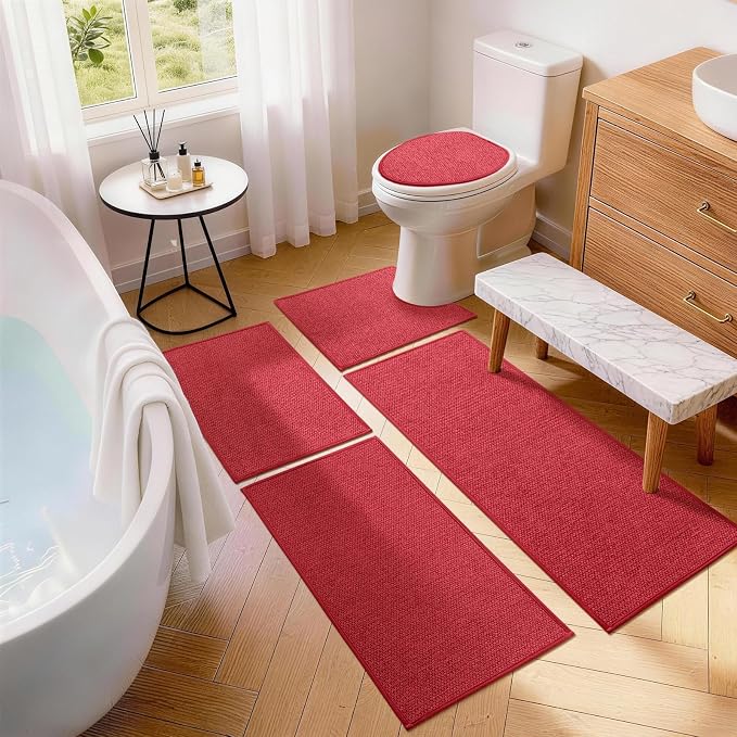 Red Toilet Rugs U Shaped 17.5"x24", Quick Dry Non Slip Contour Bath Mat, Absorbent Machine Washable Ultra Thin Bathroom Mats for Toilet Base