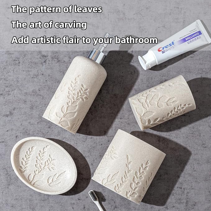 Bathroom Accessories Set, 4 PCS, Sandstone Look Leaf Beach Style | Modern,Minimalist,With Soap Dispenser 13.19 OZ, Toothbrush Holder, Tumbler, Soap Dish, Bathroom Countertop Organizer
