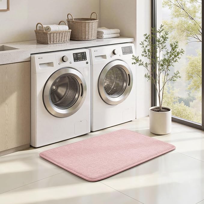 HOMEIDEAS Memory Foam Bathroom Rugs Set of 2, Pink 24"x17"+32"x20" | Ultra Absorbent Quick Dry Bath Mats with Non Slip PVC Backing, Machine Washable, Ideal for Bath Floor, Shower and Tub