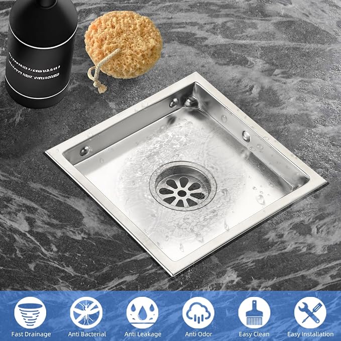 6-Inch Square Shower Drain, Brushed Nickel Floor Drain with Flange, 304 Stainless Steel Bathroom 2-in-1 Tile Drain