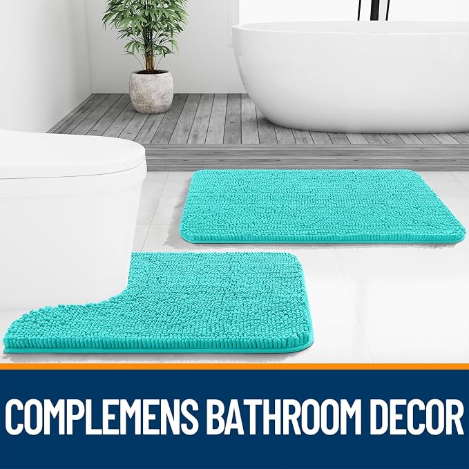 OLANLY Chenille Bathroom Rugs Mats Sets 2 Piece, 30"x20"+24"x20", Teal | Soft Absorbent Bath Mat and U-Shaped Contour Toilet Rug Set, Quick Dry, Machine Washable Bath Carpet, Home Decor Accessories