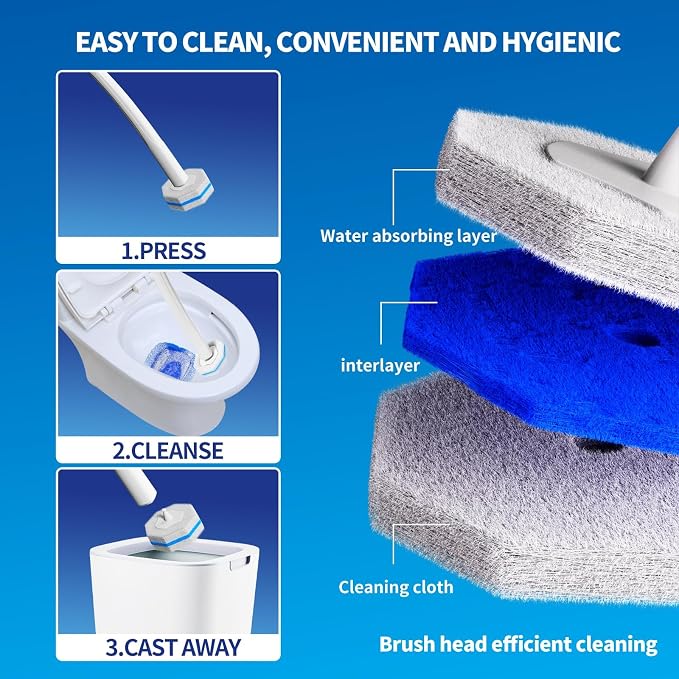 Disposable Toilet Brush Cleaning System with 50pcs Refills Pads Replacement Heads, Toilet Cleaning Stick, Wall Mounted Toliet Wand Kit Bathroom Maintenance, Toilet Bowl Cleaner Wands Holder and Set