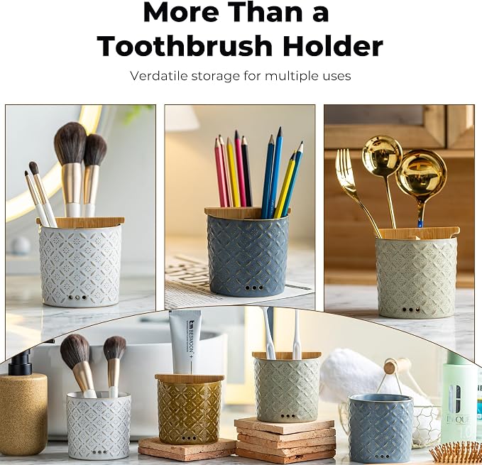 Zoeeker Toothbrush Holders for Bathroom with Drain Holes and Bamboo Divider | Ceramic Toothbrush and Toothpaste Holder, Detachable 3 Slots Electric Tooth Brush Cup Countertop Organizer for Family, Green