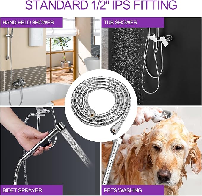 Chrome Shower Head Holder & Mount, Stainless Steel Hose, Handheld Shower Arm, Flexible Showerhead Replacement