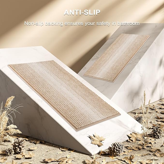 Bathroom Rugs Sets 2 Piece, Non Slip Boho Bath Mats, Beige | 20"x60" Plus 20"x32", Soft Absorbent Striped Chenille, Quick Dry Machine Washable, Shower Rug for Bathroom Bedroom Décor