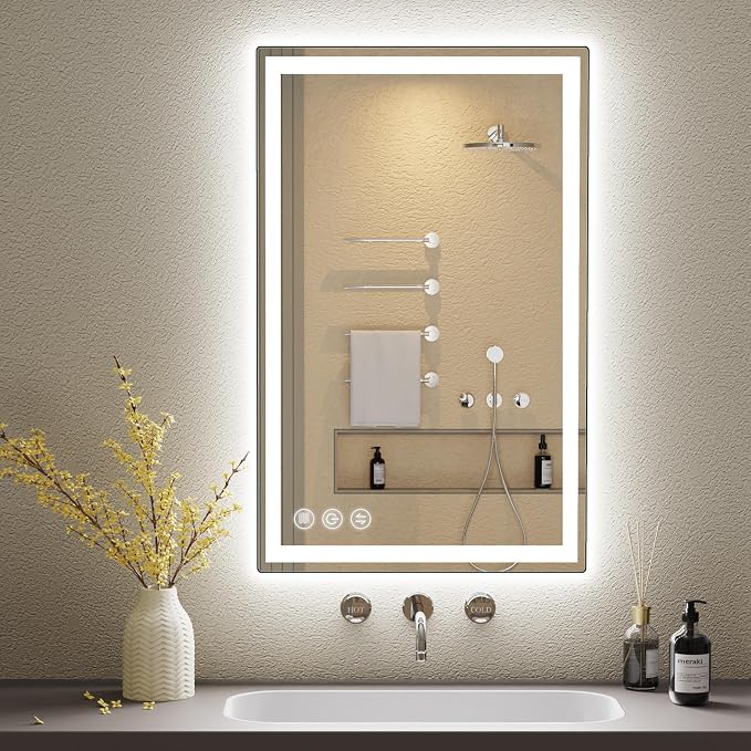 Memobarco 24" x 40" LED Bathroom Mirror with Lights, Memory Vanity Mirror | Anti-Fog, 3 Color Modes, Dimmable, Front Lit, Memory Function, Tempered Glass, Lighted Bathroom Mirror for Wall