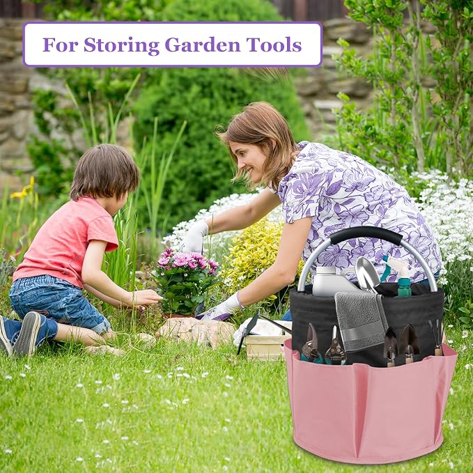 2Pcs 17L Shower Caddy with 6 Pockets, Portable Cleaning Caddy in 600D Oxford Fabric, Cleaning Supplies Bucket with Handle, Multifunctional Storage Basket for Dorm, Family, Black with Pink