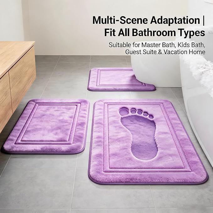 3 Piece Bath Rug Set Memory Foam Non-Slip, Bordered Toilet Rug, Lavender | Spa & Relaxing Decor — Soft Lavender bath mats, absorbent and washable, with a U-shaped toilet mat.