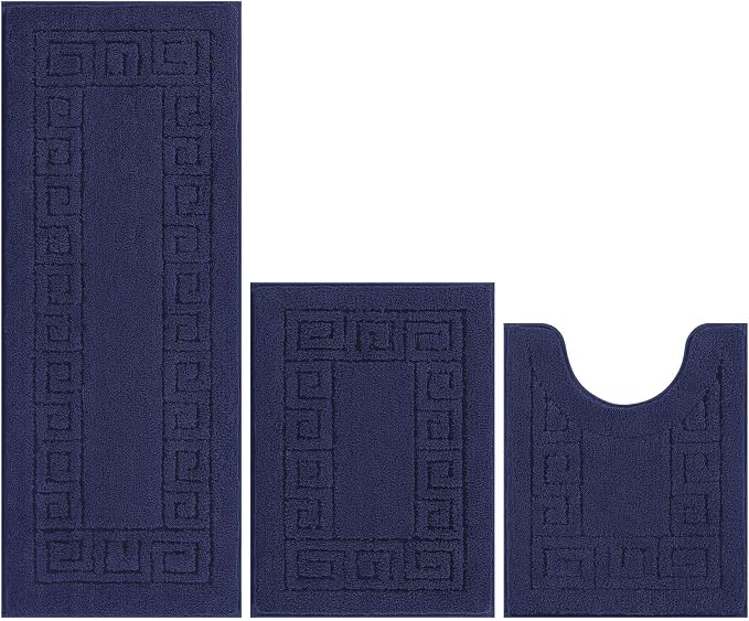 Pauwer Bathroom Rugs Sets 3 Piece, Plush Absorbent Bath Rug, Navy | Microfiber Bath Mat Set, Non Slip Washable, Quick Dry Floor Carprt, Soft U Shaped Toilet Mats For Bathroom Shower Sink