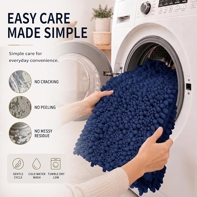 Yimobra Bathroom Rug Set 3 Piece, Super Absorbent Bath Mat Set, Navy Blue | Quick Dry Soft Chenille Bath Rugs & Toilet Rug, Non Slip Machine Washable, Extra Thick Shaggy Floor Mat for Shower Tub Sink