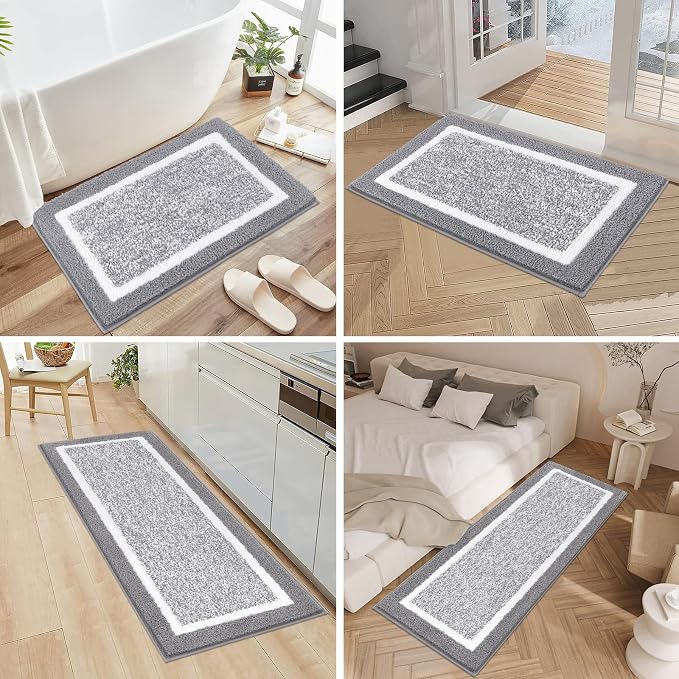 Pauwer Bathroom Rug Sets 3 Piece, Non Slip Washable Bath Mat, Light Grey | Soft Plush Microfiber, Super Absorbent Floor Carpet, U Shaped Toilet Mats, Quick Dry, Shaggy Shower Rugs Runners