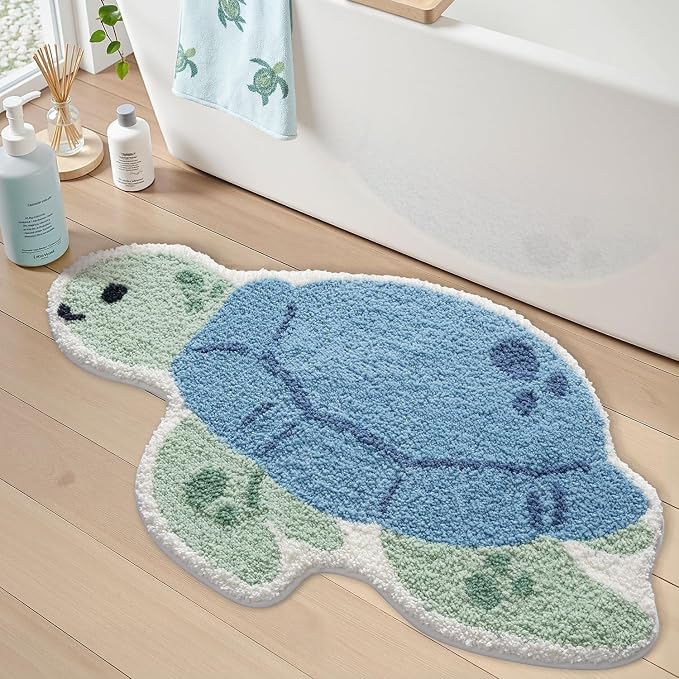 LUMI Cute Animal Bathroom Rugs, Plush Absorbent Bath Mats for Bathroom, Non-Slip Backing Washable Bath Mat, Ideal for Shower Sink Bathtub Room Decor, 24"x40", Blue Sea Turtle