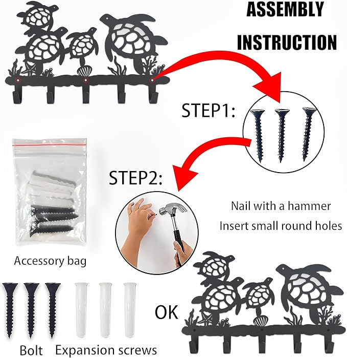 Metal Sea Turtle Coat Hooks Wall Mount-Sea Turtle Hangers and Key Holder-Clothes Hat Rack and Backpack Hanger Decor for Storage, Living Room, Hallway, Office Gift (Black)