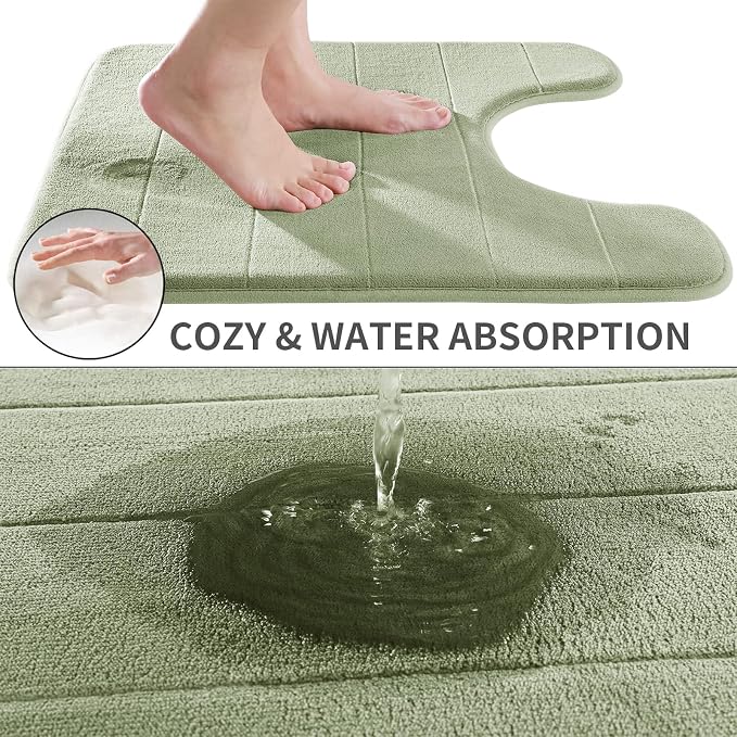 Yimobra Memory Foam Toilet Bath Mat U-Shaped, Soft and Comfortable, Super Water Absorption, Non-Slip, Thick, Machine Wash & Easier to Dry for Bathroom Commode Contour Rug, 24 X 20 Inches, Sage Green