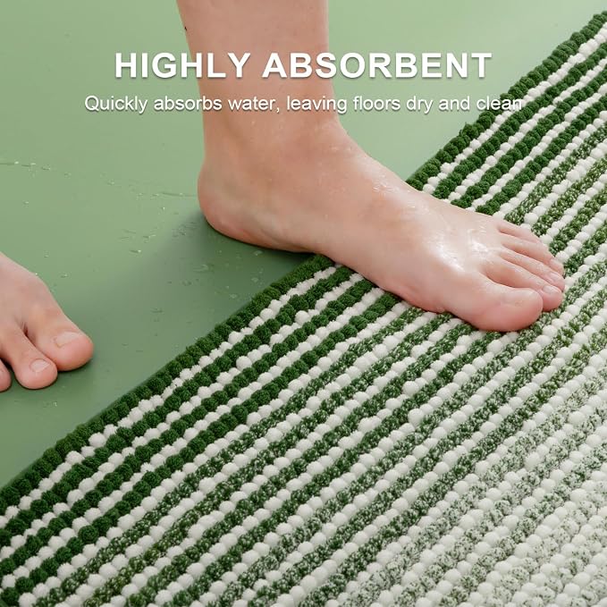 BSICPRO Bathroom Rugs Sets 2 Piece, Non Slip Striped Bath Mat, Hunter Green | 20"x47" Plus 16"x24", Soft Absorbent Chenille, Quick Dry Machine Washable, Shower Rug for Bathroom Floor, Tub, Bedroom Decor