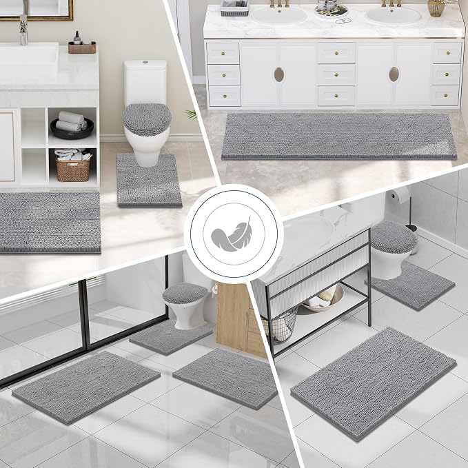 Smiry Chenille Bathroom Rugs Sets 2 Piece (36x24+30x20, Grey) | Soft Absorbent Machine Washable Non Slip Shaggy Bath Rug Set for Tub, Shower, and Floor, Home Decor