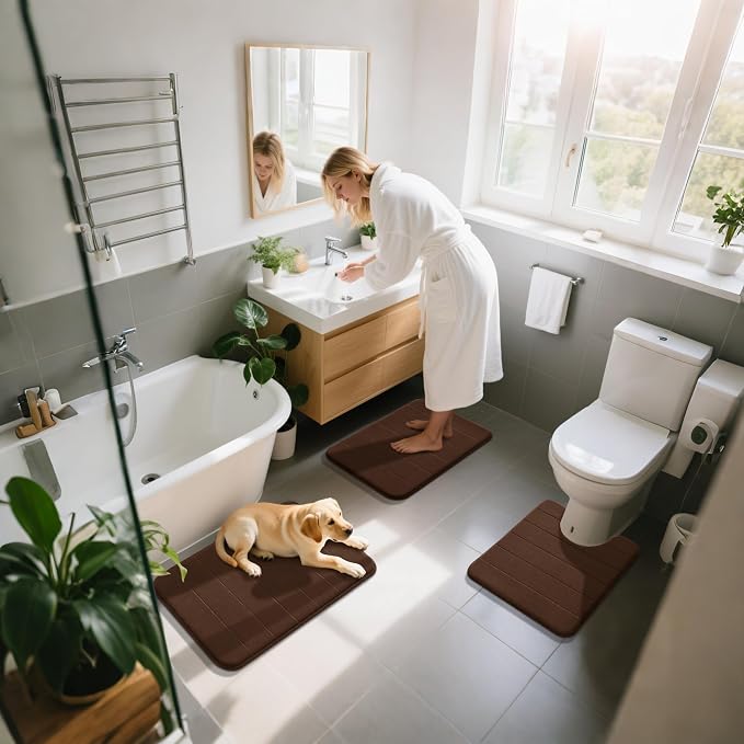 Yimobra Memory Foam Bath Mat Set 3 Pieces- Super Soft Absorbent Quick Dry Bathroom Rug Sets, Machine Washable Non Slip Floor Carpet for Tub Shower, Vanity & Toilet Base, Brown