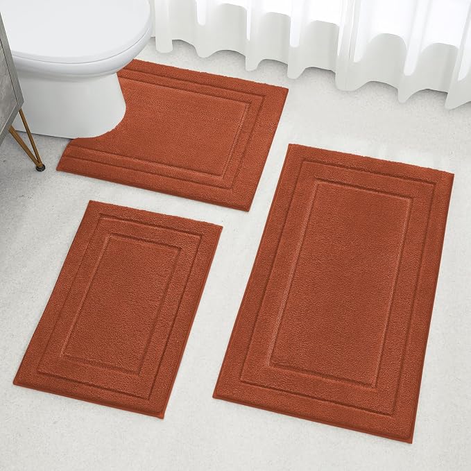 HOMEIDEAS Burnt Orange Bath Rugs Set of 3, Non Slip Bath Mats | Super Absorbent, Plush Microfiber, Machine Washable, Stain Resistant, Easy Care, Perfect for Modern Bathroom Decor