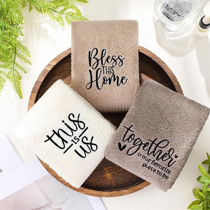 3 Pcs Hand Towels Bathroom Set,Brown,Inspirational Language | Embroidered Cotton Farmhouse Towels, Kitchen Decor, Rustic Boho Decorative with Text Labels, Guest Bath Home