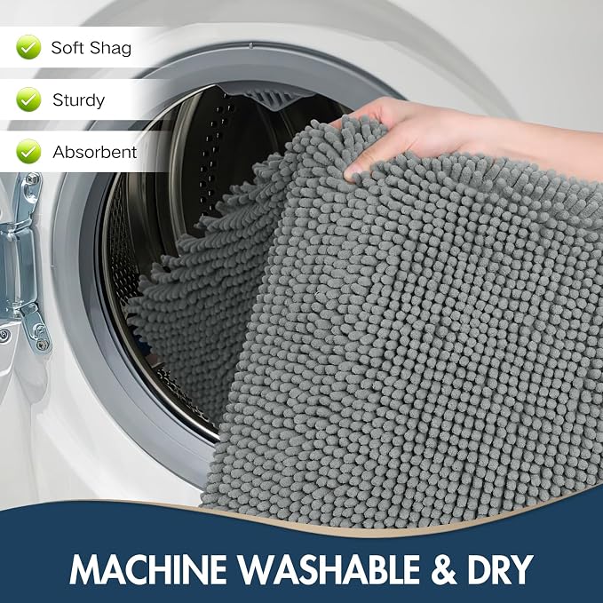 TREETONE Bathroom Rugs Sets, Thick Soft Absorbent 3 Piece Chenille Bath Rugs, Non-Slip, Dry Quickly, Machine Washable, Shaggy Mats with U-Shaped Toilet Rug for Bathroom Floor, Tub and Shower, Grey