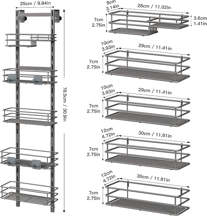 Orimade Over The Door Shower Caddy Adjustable 5 Tier Dark Grey,Bathroom Hanging Organizer Shelf Rustproof with 4 Hooks,Shower Basket with Soap Holder and Suction Cup