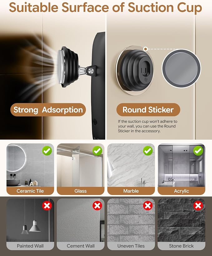 Gospire Heated Shower Mirror with Light Fogless Mirror for Shaving 2026New | 5000mAh Rechargeable Battery, Detachable Suction Cup, Razor Holder for Wall, NO-Drilling, Waterproof for Bathroom
