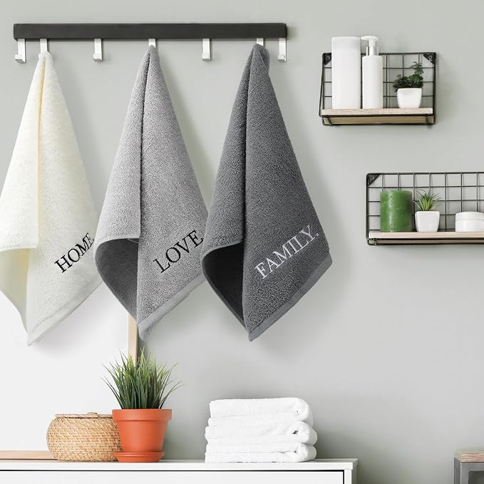 3 Pcs Hand Towels Bathroom Set,Gray,Home Love Family | Embroidered Cotton Farmhouse Towels, Kitchen Decor, Rustic Boho Decorative with Text Labels, Guest Bath Home