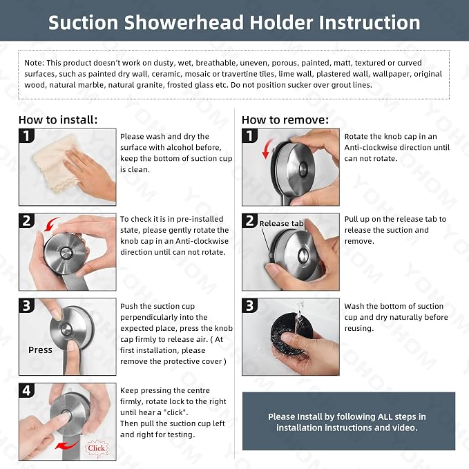 YOHOM Shower Head Holder Suction Cup Handheld Shower Bracket Adjustable Vacuum Shower Wand Hose Holder for Sprayer Nozzle Removable Bathroom Shower Accessory Clip Wall Mount Stainless Steel Brushed
