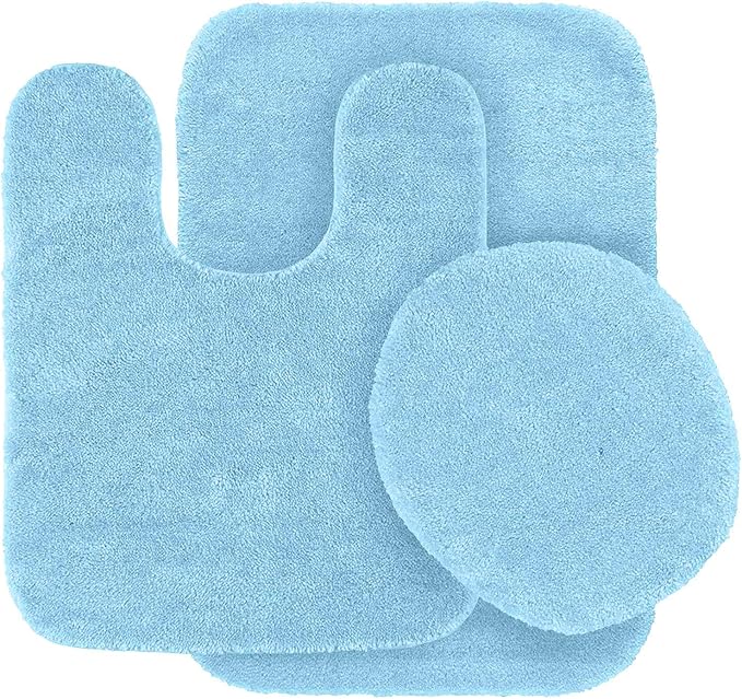 Mk Home LLC 3pc Angela Non Slip Soft Bath Set Rugs for Bathroom Bath Rug, Contour Mat, Toilet Seat Cover New (Light Blue)