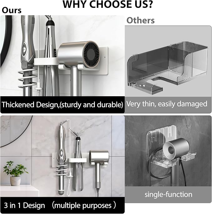 Hair Dryer Holder Hair Tool Organizer Metal Wall Mount (White) | Heat Resistant Hair Tool Organizer, Metal Wall Mount Storage, Bathroom Counter Space Saver, Blow Dryer Holder