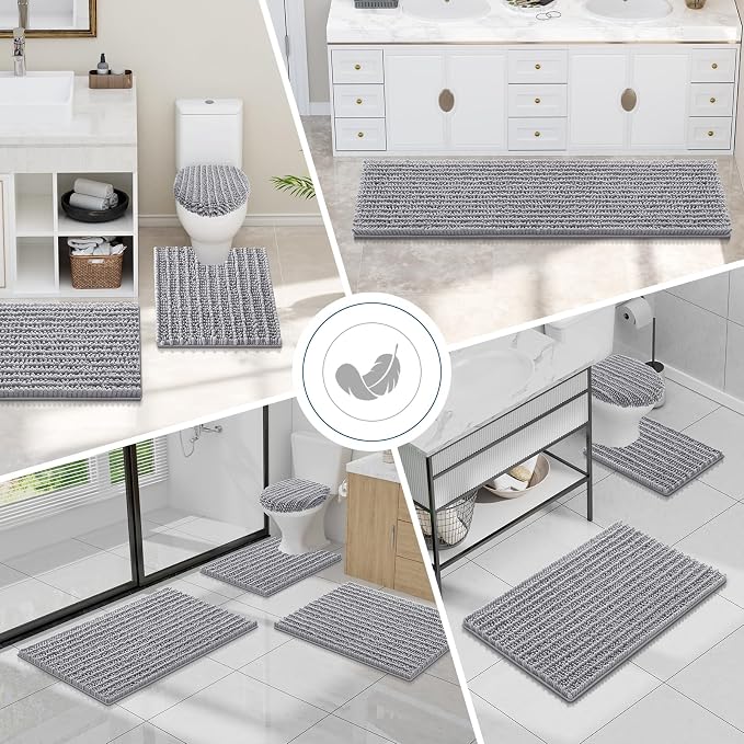 Smiry Bathroom Toilet Rugs U Shaped 20X20, Chenille Bath mats for Toilet | Grey Extra Soft Absorbent Non Slip Rubber Backing Contour Bath Rugs for Toilet, Machine Washable Contoured Bath Mats