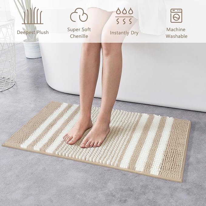 BSICPRO Bathroom Rugs Sets 2 Piece, Non Slip Striped Bath Mats, Khaki | 20"x32" Plus 16"x24",Soft Absorbent Chenille, Quick Dry Machine Washable, Shower Rug for Bathroom Floor, Tub, Bedroom Decor