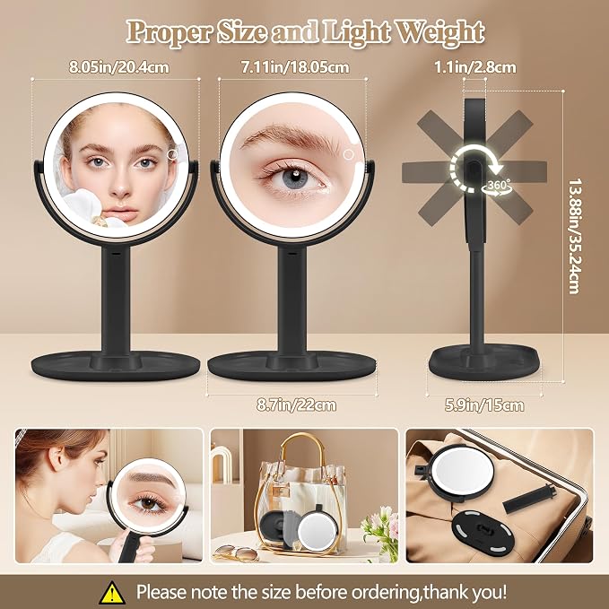 MOMOKUBA Makeup Mirror with Lights, 30X Magnifying Mirrors, Height Adjustable, Vanity Mirror with Lights Rechargeable 3 Color Modes, Double-Sided Detachable Travel Mirrors, Gift for Women, Black/30X