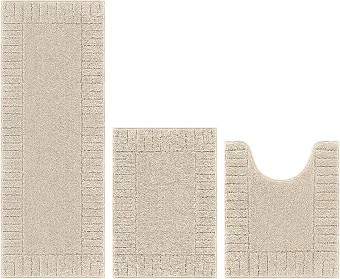 Pauwer Bathroom Rugs Sets 3 Piece, Microfiber Bath Mat Set, Light Beige | Non Slip Washable, Soft Plush, Extra Absorbent Bath Mats, U Shaped Contour Toilet Rug for Bathroom