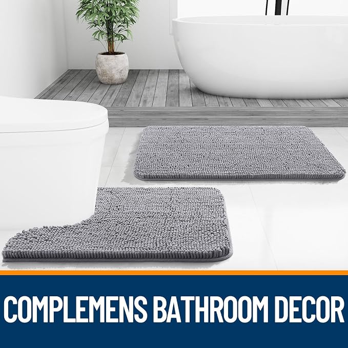 OLANLY Chenille Bathroom Rugs Mats Sets 2 Piece, 30"x20"+24"x16", Grey | Ultra Soft Absorbent Bath Rugs Set, Rubber Backing Non-Slip, Quick Dry, Machine Washable Bath Carpet, Home Decor Accessories