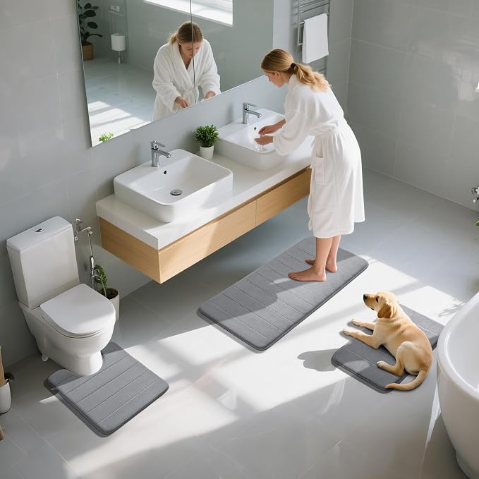 Yimobra 3 Pieces Memory Foam Bath Mat Set with U-Shaped Toilet Rug - Non Slip Super Soft Absorbent Quick Dry Bathroom Rugs for Bathtub, Vanity & Toilet Base, Gray