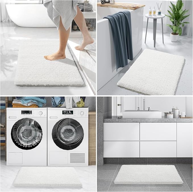 Yimobra Bathroom Rugs Non Slip Washable 60x24, Ultra Soft and Water Absorbent Bath Mats, Plush Fluffy Shower Mat Outside, Luxury Microfiber Thick Matts for Bathroom Floor/Tub, Off White