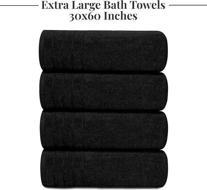 4 Piece Extra Large Bath Towels 30 x 60 Inches, Black | 100% Cotton, Larger & Lighter Weight, Quicker to Dry, Super Soft and Absorbent, Perfect for Bathroom
