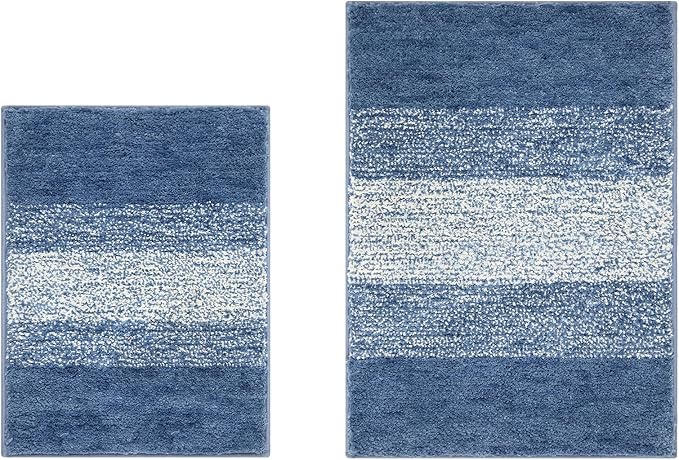 Vaukki Luxury Soft Bathroom Rugs Set of 2, Blue Non Slip Bath Floor Mat | Microfiber Shaggy Plush Absorbent Striped Washable Bath Carpet for Tub, Bathroom and Shower, 18''x26''+20''x32''
