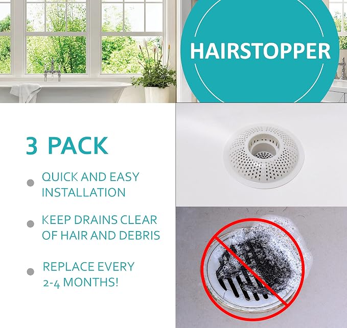 Hairstopper Drain Cover Hair Catcher for Shower and Bathtub, Protects Against Clogs Without Blocking Water Flow, White, 3 Pack | Protects Against Clogs Without Blocking Water Flow, Fits Most Standard Size Shower and Bathtub Drains, 3 Pack