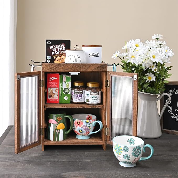 Ikee Design Wooden Countertop Storage Cabinet with Wavy Magnetic Door, Adjustable Shelves, Removable Hooks. Perfect for Perfume, Figurines, and Coffee Cups, Brown Color, 10.4 W x 6.1 D x 14.4 H in