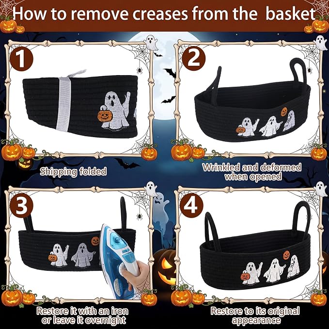 Vesici Halloween Ghost Woven Storage Basket for Toilet Tank Top Black Cotton Rope Bathroom Countertop Organizer Basket with Handle Halloween Bathroom Decor for Bedroom Nursery, 13 x 6 x 4 Inch