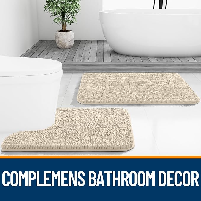 OLANLY Chenille Bathroom Rugs Mats Sets 2 Piece, 24"x16"+24"x20", Sand | Soft Absorbent Bath Mat and U-Shaped Contour Toilet Rug Set, Quick Dry, Machine Washable Bath Carpet, Home Decor Accessories