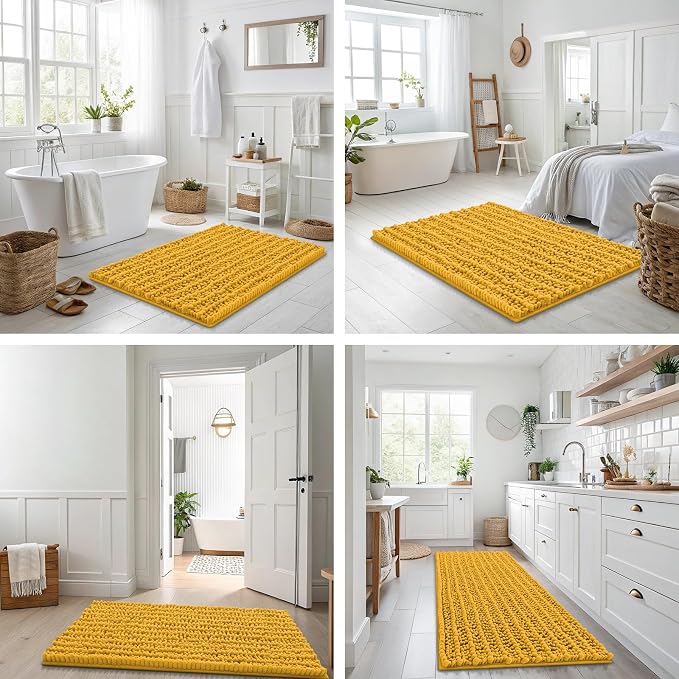 Smiry Bathroom Rugs 44X24, Extra Soft Rubber Backing Chenille Bath Mats | Golden Yellow Machine Washable Non Slip Quick Dry Bath Mats for Bathroom Floor, Tub, Shower, Home Decor Accessories