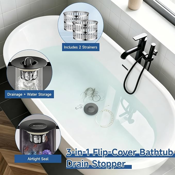 3-in-1 Flip-Cover Bathtub Drain Stopper, Muyiajou, Flush Design, Flip-Cover (No Springs), 2 Strainers, Fits 1.4"-2.6" Drains, Rustproof, Tool-Free(Black)
