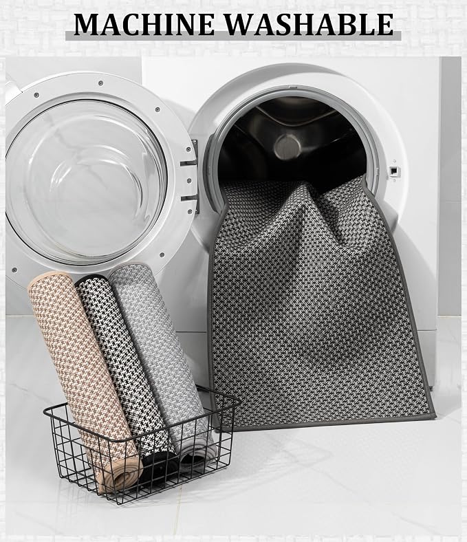 YIHOUSE Thin Bath Mat Dark Grey Bathroom Rugs Sets 5 Pieces, Non Slip Absorbent Bath Mats Quick Dry, Woven Braided Rugs Washable, Rubber Tapetes para Baño for Bathroom Toliet,Bathtub