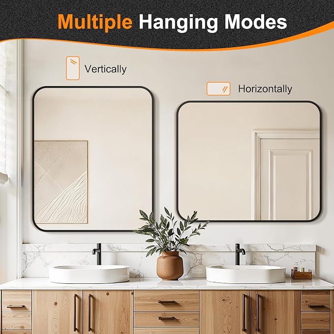 Delma Bathroom Vanity Mirror, Black Framed Mirror for Over Sink, 36x30 | HD glass, distortion-free for makeup and grooming, Sturdy frame, all mounting hardware, hangs horizontal or vertical